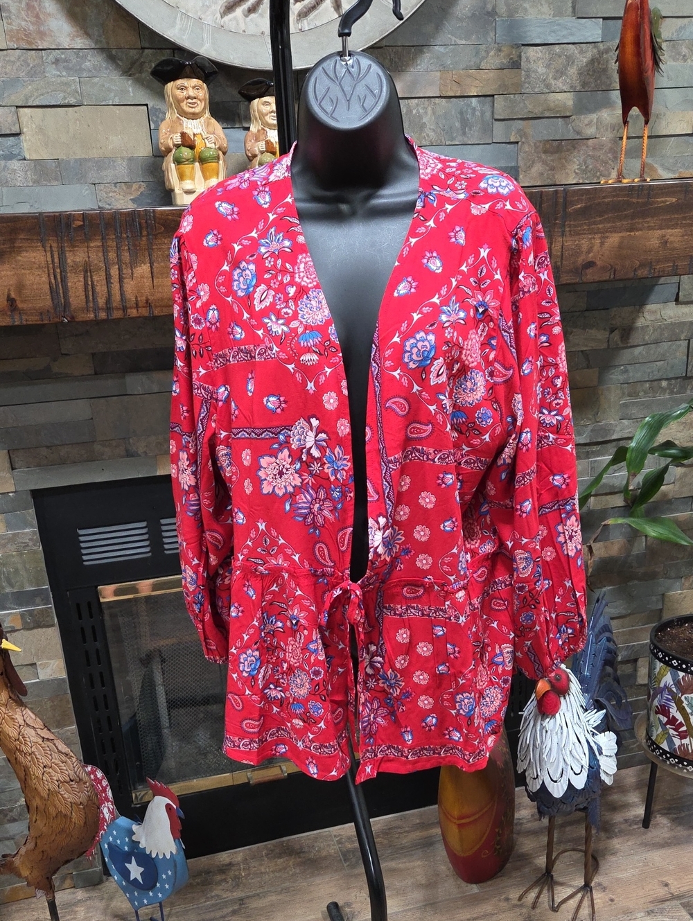 NWT Cato Red Floral Paisley Tie-Waist Over Shirt